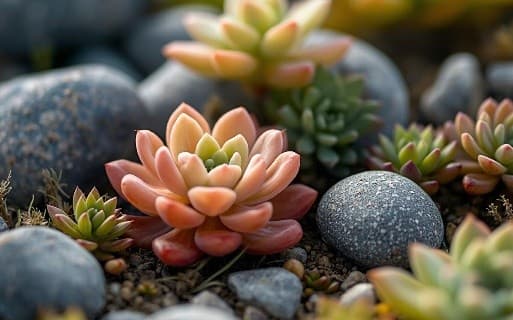 Beautiful succulent arrangement with pebbles